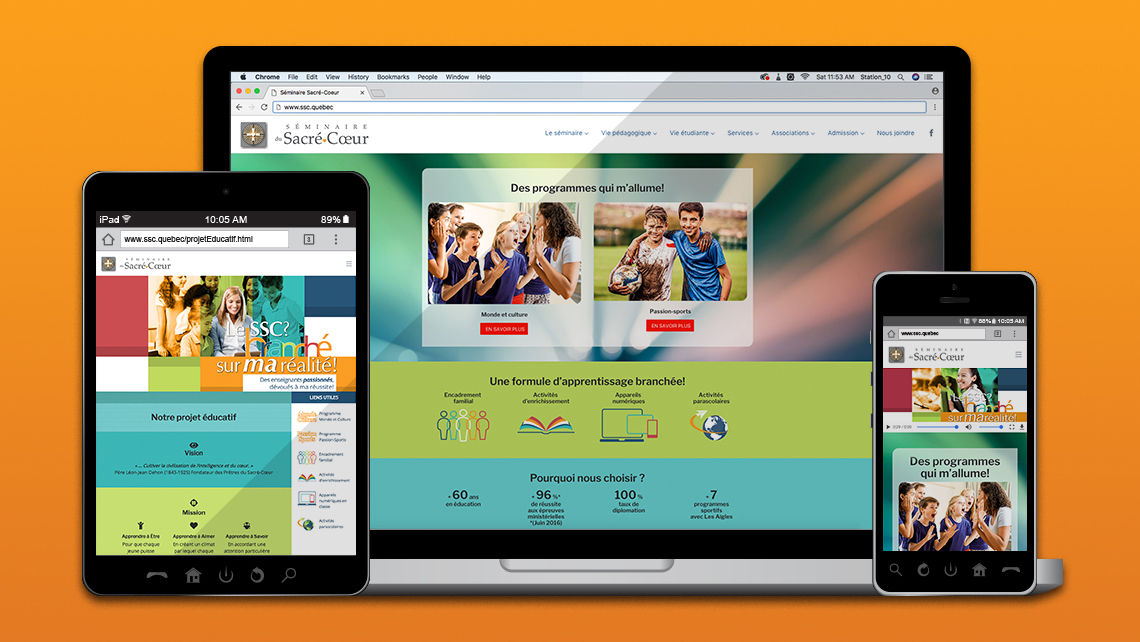 Website of the Sacred Heart Seminary displayed on computer, tablet, and phone, with sections on academic programs, personalized guidance, and extracurricular activities.